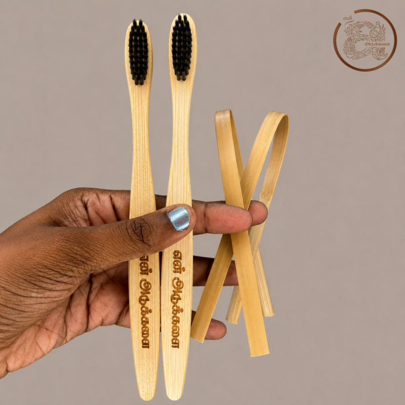 Bamboo Charcoal Toothbrush with Bamboo Tongue Cleaner Pack of 4