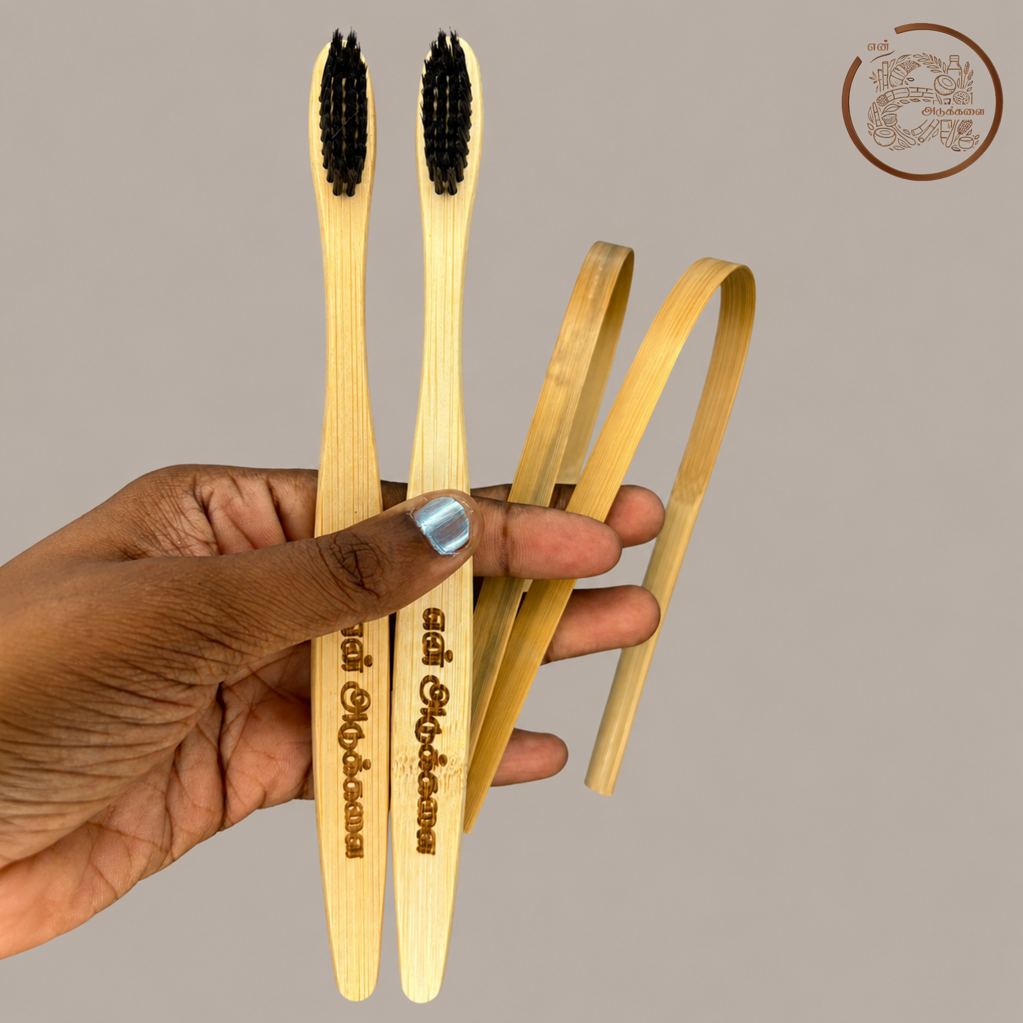 Bamboo Charcoal Toothbrush with Bamboo Tongue Cleaner Pack of 4