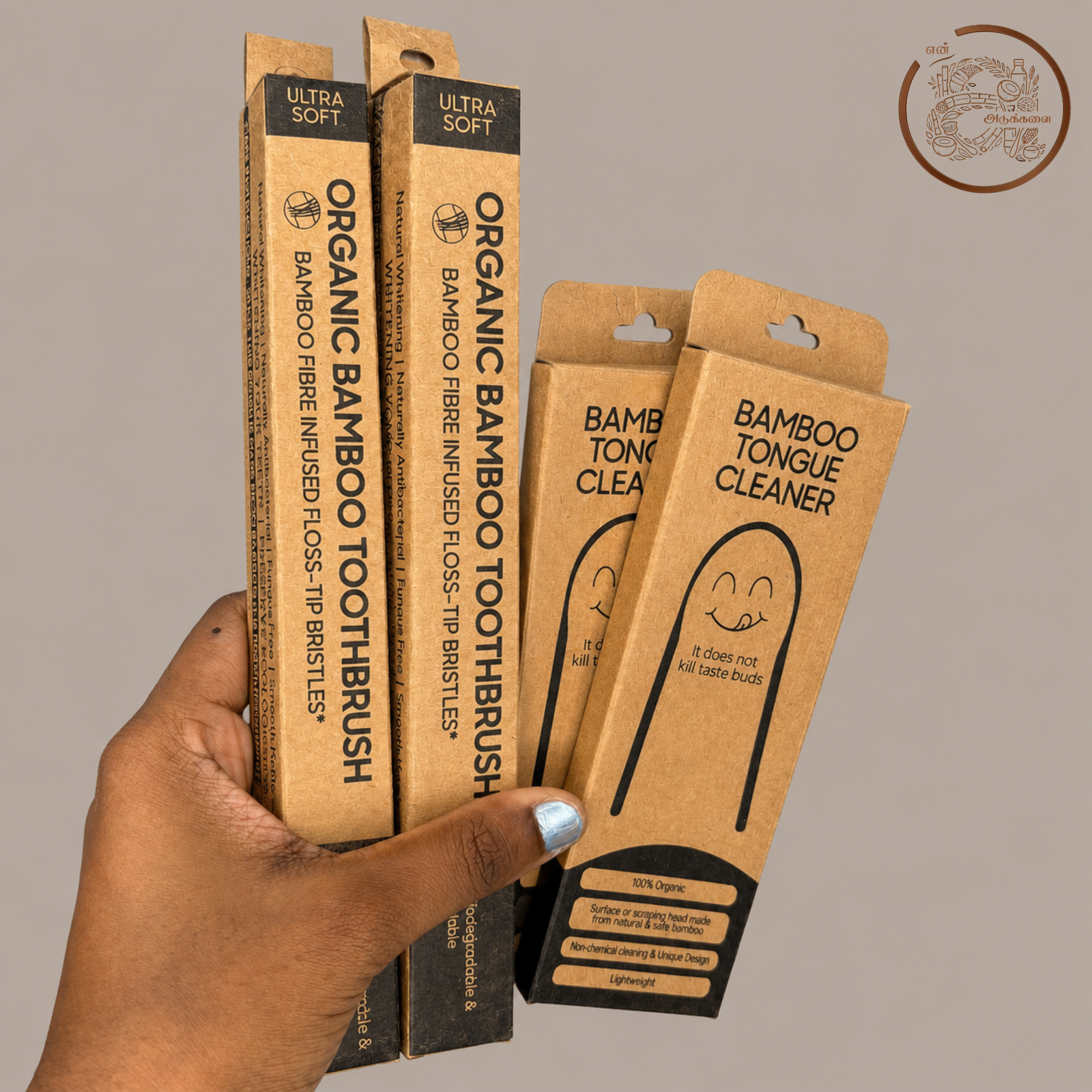 Bamboo Charcoal Toothbrush with Bamboo Tongue Cleaner Pack of 4