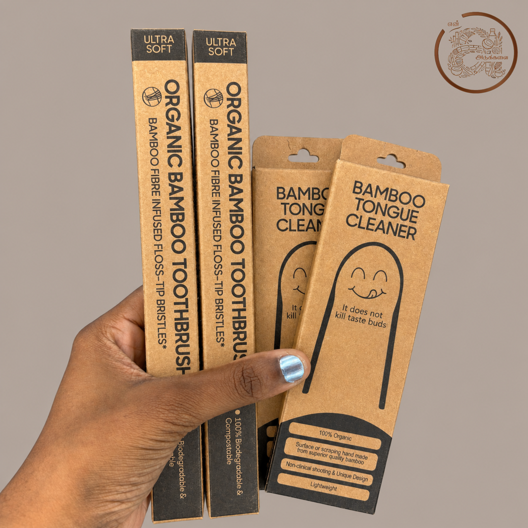 Bamboo Charcoal Toothbrush with Bamboo Tongue Cleaner Pack of 4