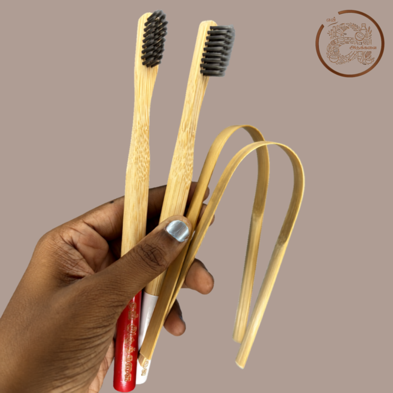 Round Handle Bamboo Charcoal Toothbrush with Bamboo Tongue Cleaner - Pack of 4