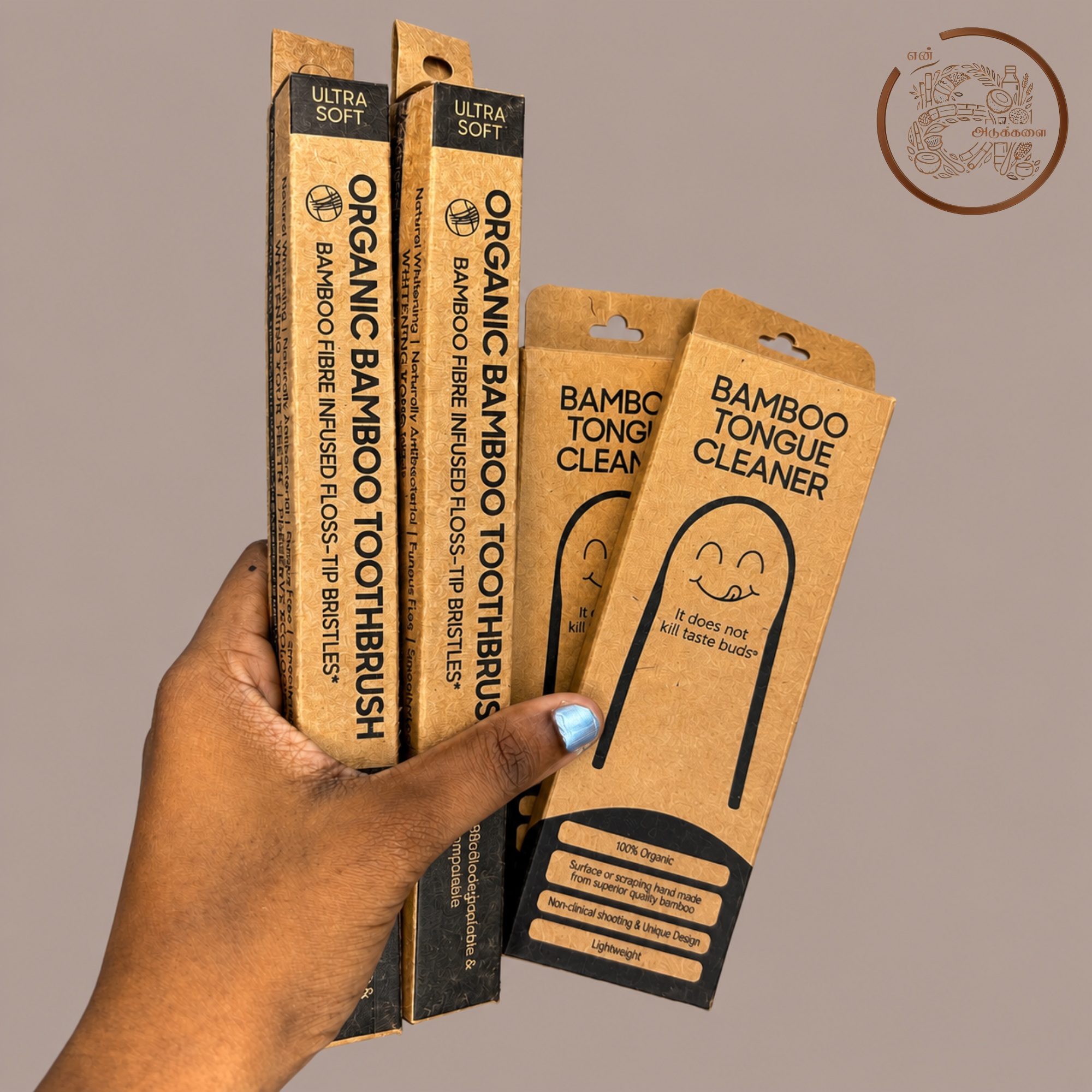 Round Handle Bamboo Charcoal Toothbrush with Bamboo Tongue Cleaner - Pack of 4
