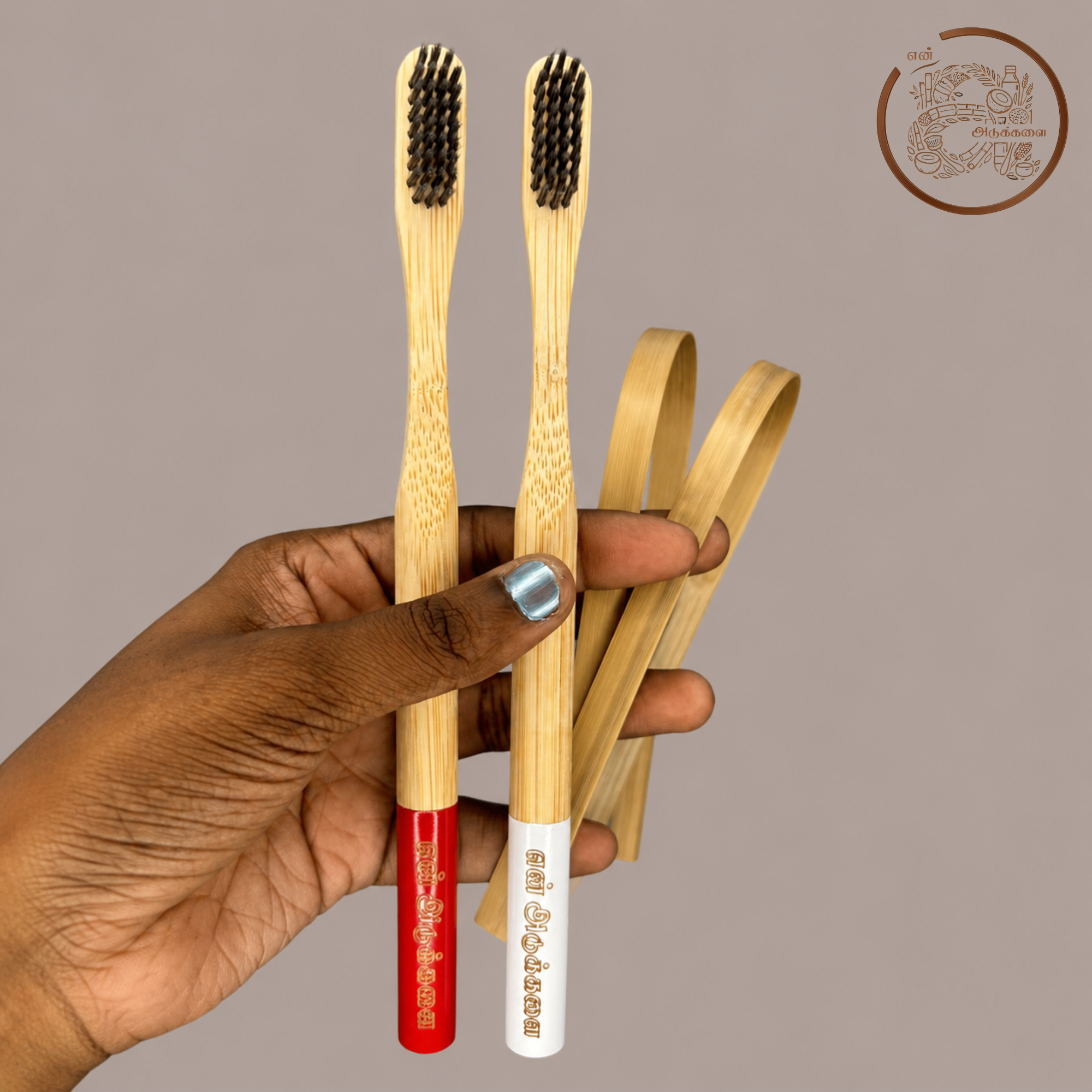 Round Handle Bamboo Charcoal Toothbrush with Bamboo Tongue Cleaner - Pack of 4