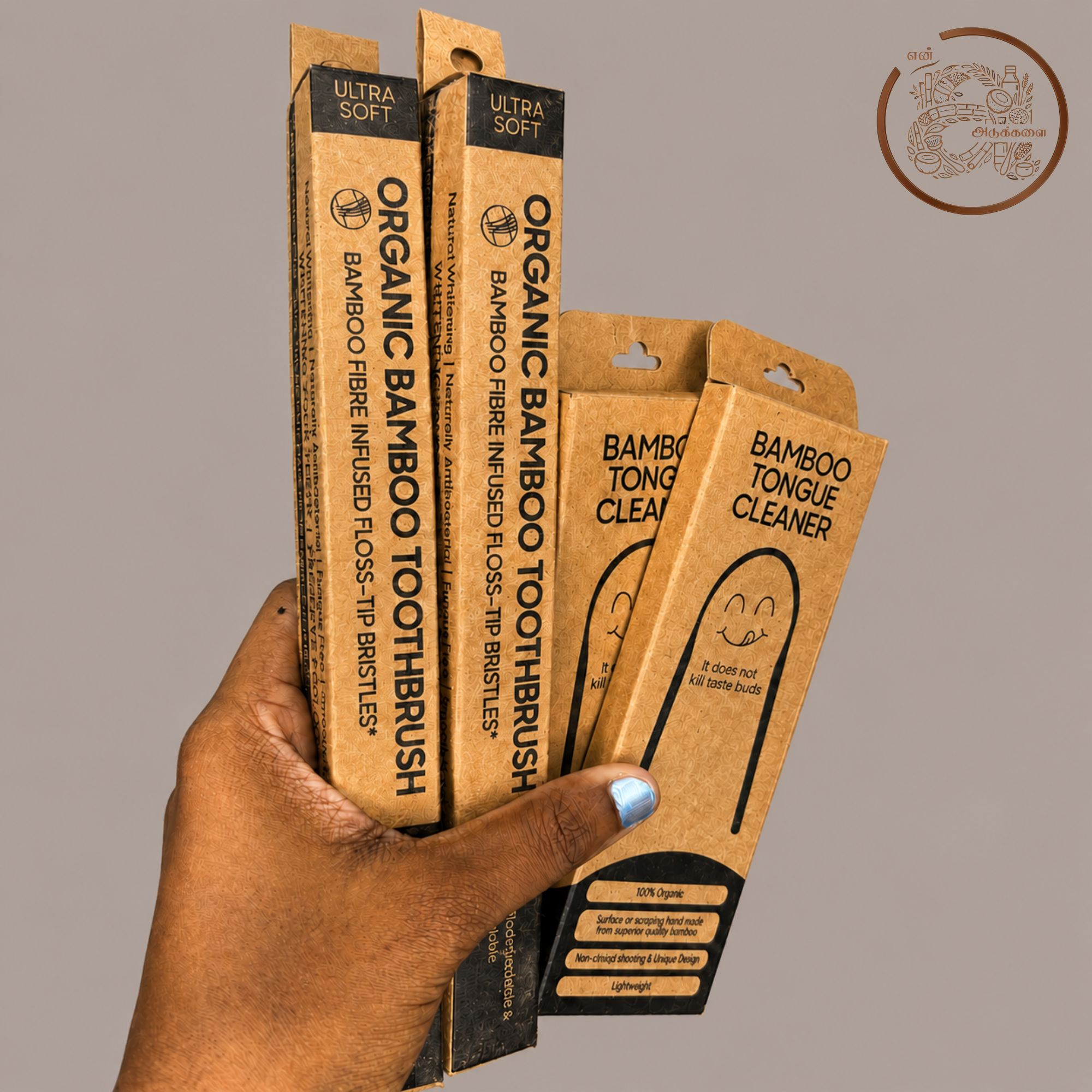Round Handle Bamboo Charcoal Toothbrush with Bamboo Tongue Cleaner - Pack of 4