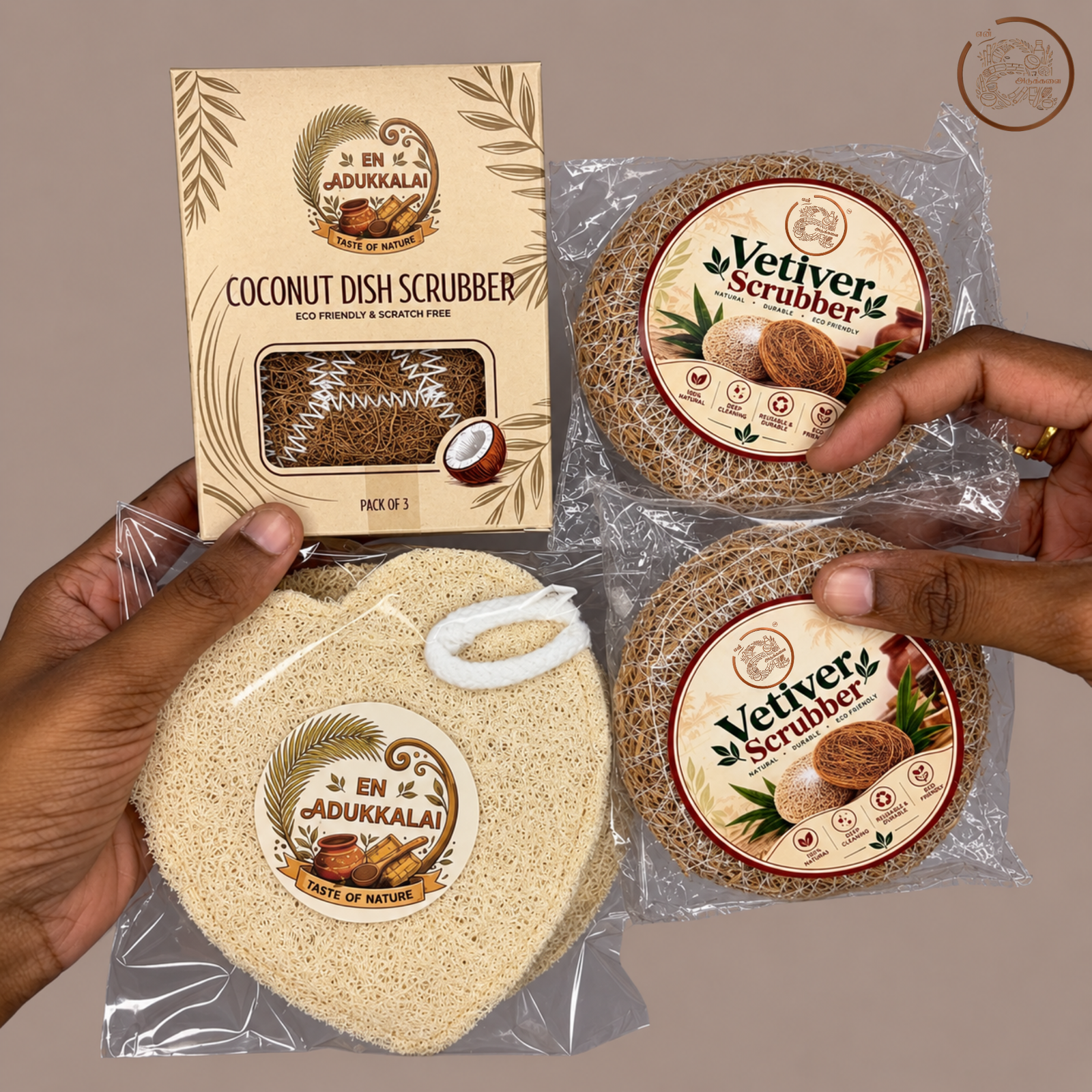 2 Vetiver | 3 Coconut Coir | 2 Ridge Gourd scrubbers - Set of 7