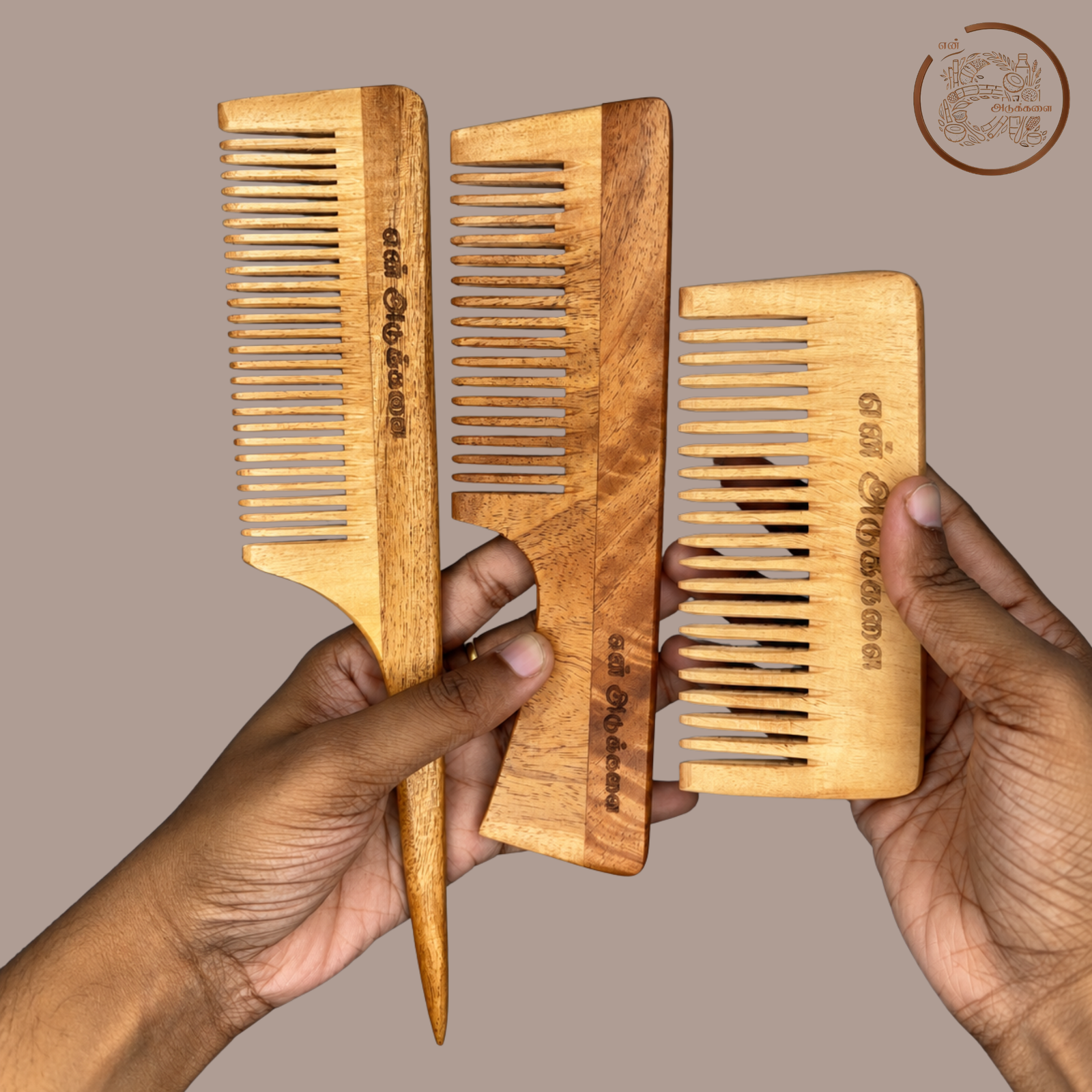 Neem Wood Handle Comb | Tail Comb and Shampoo Comb - Pack of 3