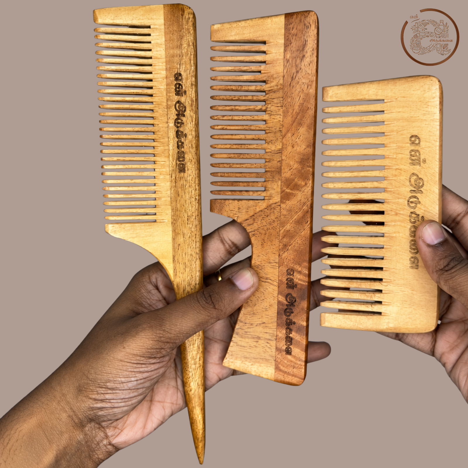 Neem Wood Handle Comb | Tail Comb and Shampoo Comb - Pack of 3